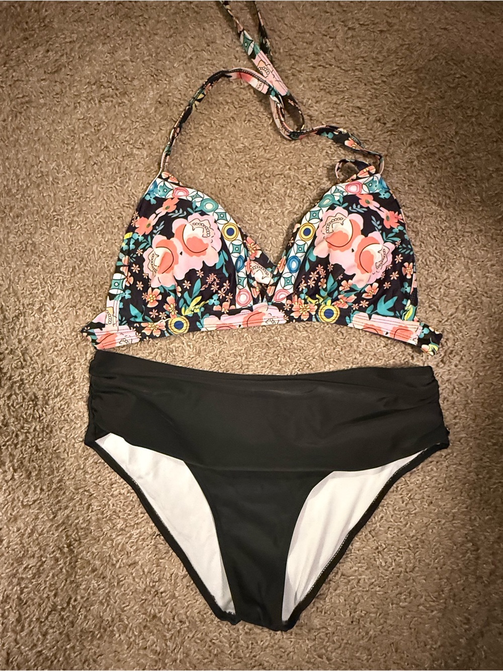 Floral Print Halter Bikini Top with Black High-Waist Bottom - Women Swim
